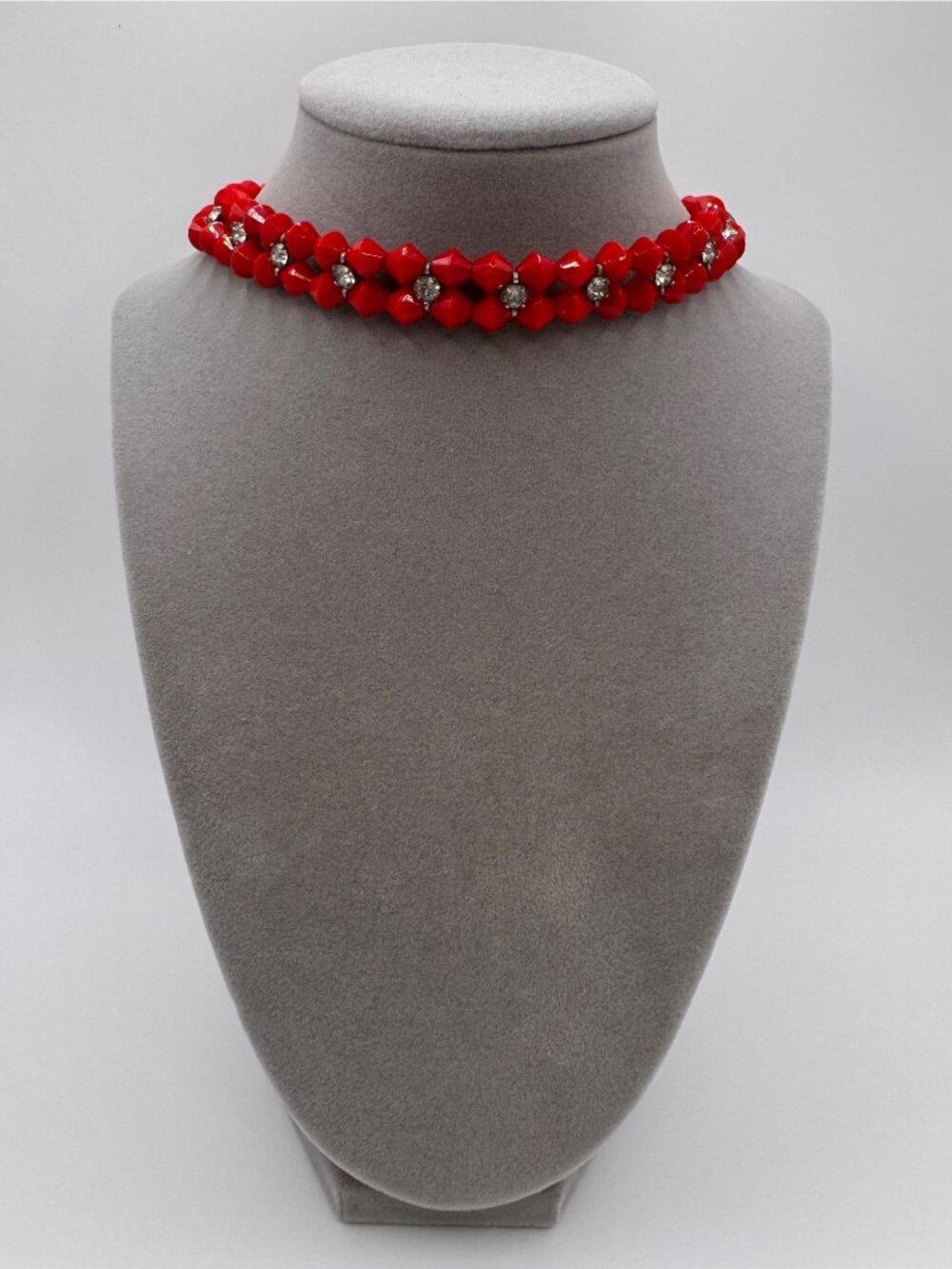 Vintage West Germany Red Glass Rhinestone Double Strand Choker Necklace
